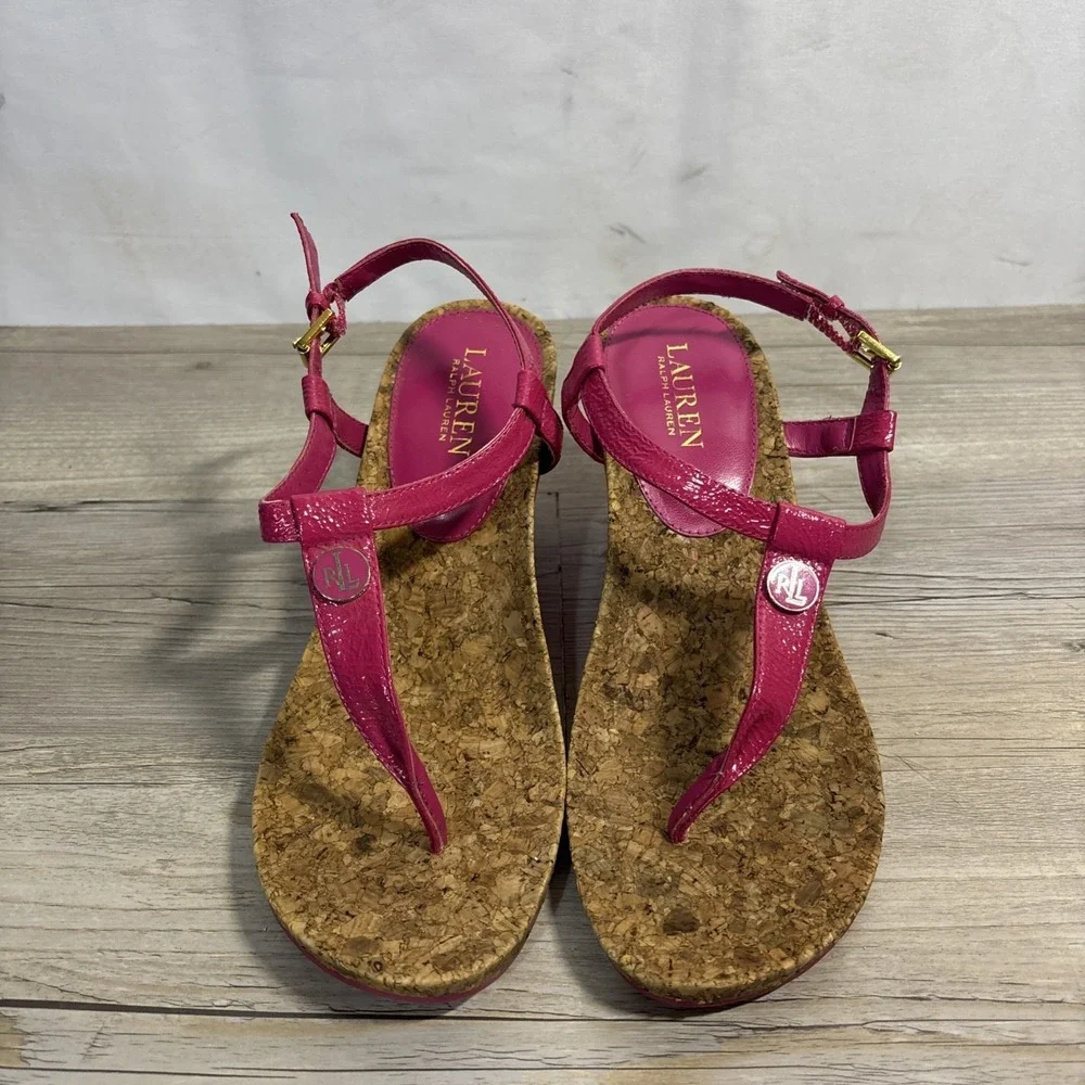 Women's 9 Vintage Ralph Lauren Reeta Strappy Pink Fuchsia Cork Wedge Y2K